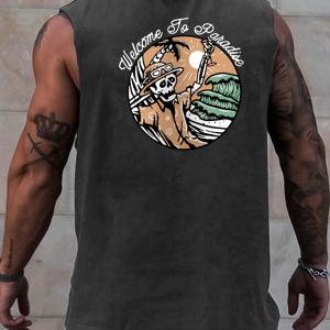 TEMU 남성용 민소매 여름 셔츠 - 양면 레터 프린트 민소매 조끼, 라운드넥 캐주얼 & 스마트캐주얼 웨어, 해변, 사무실, 파티용 통기성 민소매 재킷 - 가벼운 레이어링 아이템 (손세탁 가능) - 부피감 없는 레터링 디자인