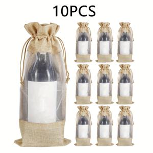 TEMU 10개 15cm/5.9인치 x 35cm/13.7인치 크기의 투명 창과 술 잠금 장치가 있는 삼베 와인 백 - 와인 선물 포장, 결혼식, 데이 또는 모든 축하 행사에 적합합니다.