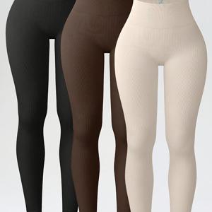 TEMU 여성용 풀사이즈 요가 체조 레깅스 3pcs - 워크아웃, 트레이닝 및 캐주얼 복장에 적합한 심리스 엉덩이 리프팅 언더웨어 - 고탄력 솔리드 컬러 타이트핏 팬츠 리브드 텍스처 (손세탁 가능)