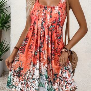 TEMU 여성 캐주얼 트로피컬 꽃무늬 스퀘어 넥 드레스 - 가벼운 올 시즌 비치 드레스, 봄 & 여름 아웃팅, 비치 드레스, 여름 패션, 생동감 있는 프린트, 플로우리한 원단