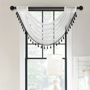 TEMU 클래식 조절 가능한 술 장식 발란스 - 막대 포켓 원사 염색 콴 듀오리 짜임 폴리에스터 발란스, 기계 세척 가능, 빛 필터링 창문 토퍼, 침실 및 거실용, 술 디자인이 있는 일반 원단, 예술 장인 정신 커튼 테마, 모든 계절 장식 - 1개