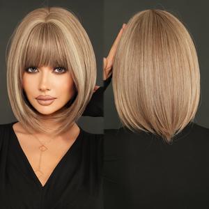 TEMU 7JHH 가발 여성용 숏 합성 밥 가발 - 베이지/브라운 & 앞머리 포함, 고밀도 내열성 12.99인치 데일리 & 파티 헤어, 로즈 네트 모든 사이즈 호환 (모든 연한 베이지 톤과 호환)