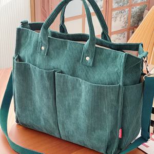 TEMU 일본 스타일 오리지널 가을/겨울용 두꺼운 코듀로이 토트백, 다중 포켓, 심플하고 캐주얼하며 출퇴근 및 예술적인 레저에 적합.