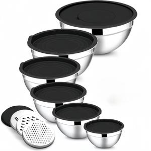 TEMU 15개 스테인리스 스틸 믹싱 볼 세트 (공기 밀폐 뚜껑 및 3개의 그레이터 부착물 포함, 카키/블랙/블루/레드), 메탈 네스팅 보관 볼 (3개의 그레이터 부착물 포함), 주방 가제트 세트, 용량 0.5QT/1.5QT/2QT/2.5QT/3.5QT/4QT