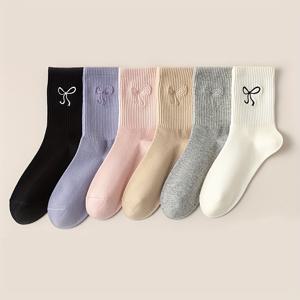 TEMU 6팩 자수 리본 중간 길이 양말 - 부드러운 스택 가능한 폴리에스터, 다양한 중성 색상, 사계절용 편안함, 캐주얼 및 아웃도어 착용, 우아한 리본 디자인, 소프트 폴리에스터 소재