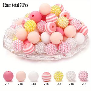 TEMU 캔디 컬러의 12mm 실리콘 레진 아크릴 원형 비즈 70개 세트입니다. 프린트 디자인으로 장식되어 있으며, 주얼리 제작 키트, 펜던트, 원형 볼펜, 목걸이, 팔찌, 키체인, 귀걸이, 장식 선물 및 공예 용품에 적합합니다.