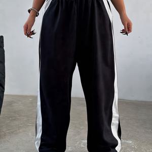 TEMU 플러스 사이즈 - 여성용 플러스 사이즈 캐주얼 레그 팬츠, 루즈핏과 다재다능한 컬러 블로킹 와이드 레그, 사계절 내내 편안함.