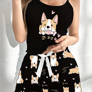 TEMU 여성용 잠옷 세트, 귀여운 강아지 프린트, 캐주얼 스타일, 스파게티 스트랩, 동물 패턴, 올 시즌, 나비 매듭 디테일, 성인용 원단, 홈 레저 웨어