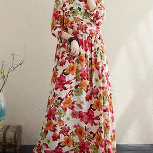 TEMU 포켓이 있는 여성용 플로랄 프린트 맥시 드레스 - 생기발랄한 레드 오렌지 그린 화이트 꽃무늬, 라운드 넥 긴 소매 비신축성 원단 캐주얼 & 축제용, 편안한 패션, 휴가 의상, 손세탁 가능