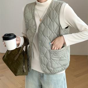 TEMU 여성용 경량 기모 안감 포켓 따뜻한 조끼, 캐주얼 외层용으로 적합, 짧은 단추형 민소매 탑.|민소매