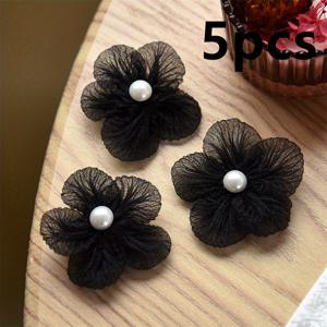 TEMU 핸드메이드 미니 패브릭 꽃 5개 세트 - 진주 센터 & 레이스 꽃잎 (다색상: 화이트, 블루, 그린, 퍼플, 핑크, 빈페이스트/레드, 그레이) - DIY 공예, 헤어 액세서리, 브로치, 신발 & 가방 장식용 핸드 스티치 메쉬 꽃