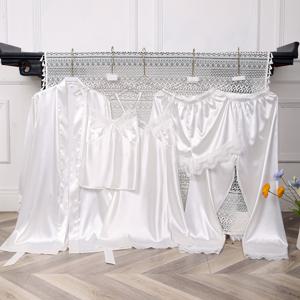 TEMU 여성용 우아한 나이트가운 로브 & 슬립웨어 세트 5피스 - 레이스 트림 긴팔 나이트드레스와 매칭 반바지/팬츠, 벨티드 파자마, 세탁기 사용 가능 봄 여름 가을 5피스 세트 (비-)