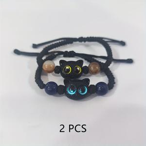 TEMU 2pcs 조절 가능한 고양이 매력 브레이슬릿 세트, 수제 직조 로프 손목띠, 귀여운 만화 스타일, 플라스틱 포함, 남성 및 여성용, 일상 및 선물용으로 사용 가능합니다.
