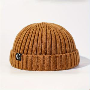 TEMU 여성용 조이풀 페이스 로고 비니 - 넓은 스트라이프가 있는 탄력적인 겨울 모자, 가볍고 따뜻한 사계절 캡 (베이지/화이트/그레이/핑크), 크리스마스 & 파티 착용, 캐주얼 헤드웨어, 스트레치 핏, 패션 러버즈