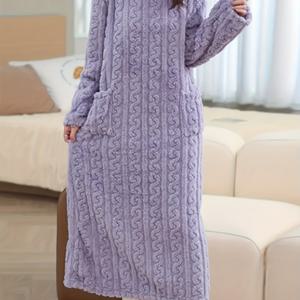 TEMU 여성용 긴팔 크루넥 나이트가운, 포켓이 달린 폴리에스터 니트 원단, 성숙한 스타일의 잠옷, 성인용 아늑한 올 시즌 슬립 로브