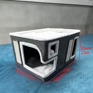 TEMU 플러시 볼 해먹과 스크래치 패드가 있는 초대형 현대 그레이 고양이 집 - 접이식, 넓은 실내 고양이 콘도, 다중 고양이 가구용, 애완동물 친화적인 디자인, 쉬운 조립, 다중 고양이 콘도|현대 고양이 집|스크래치 패드 기능, 고양이 집