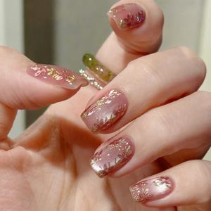 TEMU 짧은 발레 프레스온 네일 - 핑크 플로럴 골든 글리터 디자인, 광택 마감, 쉬운 적용 재사용 가능 여성용 인조네일, 일상 및 특별한 날을 위한 우아한 매니큐어, 귀여운 짧은 네일, 패션 액세서리, 장식 프레스온