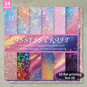 TEMU 24장의 글리터 스크랩북용 종이 패드 - 12가지 독특한 디자인의 헤비웨이트 카드스톡, 6x6인치 꽃무늬 및 우주 패턴으로 불릿 저널링, 콜라주 아트, 인사말 카드 및 공예에 적합