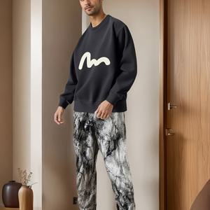 TEMU 남녀공용 블랙 & 화이트 마블 프린트 하렘 팬츠 - 그리스 문자 Mu (μ) 로고 - 가벼운 아이스 슬릭 섬유 느낌의 바지, 비치웨어, 여름 캐주얼 & 그리스 테마 의상용 - 세탁기 사용 가능, 레귤러 핏 테이퍼드 레그 (무