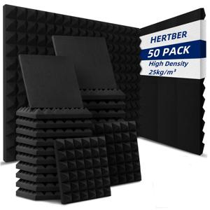 TEMU HERTBER 50개 블랙 아코스틱 폼 패널, 30x30x5cm 고밀도 사운드프루프 폼 녹음 스튜디오, 홈 스튜디오, 회의실, 홈 시어터, 연습실 - 폴리에스터 소재