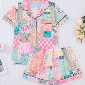 TEMU 2pcs 여성용 파자마 세트 - 꽃무늬, 반팔, 단추, 셔츠와 루즈한 신축성 있는 반바지, 집과 야외에서 편안하고 캐주얼한 의상, 폴리에스터 혼방, 올시즌 착용, 편안한 핏, 캐주얼한 의상|꽃무늬 상의|폴리에스터 혼방