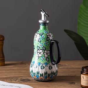 TEMU 1pc 손그림 세라믹 올리브 오일 디스펜서, 20.29oz - 둥근 주방 보관 병, 손잡이, 소금, 식초 및 와인용 공기 밀봉 - 대용량, 손세척만, 주방 보관 솔루션 | 장식 주방 병 | 공기 밀봉 병