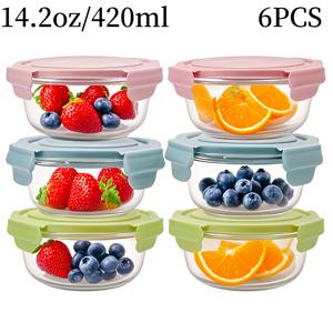 TEMU 6개 660ml 950ml 고투명 유리 냉장고 보관 상자, 냄새 방지 냉장고 보관 용기 세트, 밀폐 방수 도시락 상자, 라운드 내열 벤토 박스, 전자레인지 식기세척기 오븐 안전, 핑크 블루 말차 그린