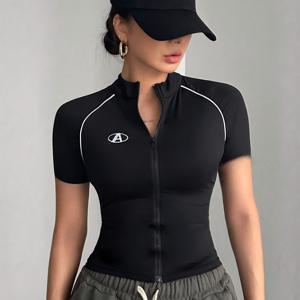 TEMU 여성용 새로운 여름 스타일리시 컬러 블록 반팔 지퍼 티셔츠, 핏되는 작은 가디건.