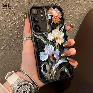 TEMU 갤럭시 S20, S21, S22, S23, S24, S25, A24, A05, A05S, A02, A03, A04, A13, A31, A53, A34, A10, A33용 화이트 & 퍼플 아이리스 꽃 진주무늬 디자인 폰 케이스 - 얼룩 방지, 패셔너블, 트렌디