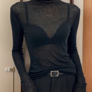 TEMU 여성용 블랙 터틀넥 베이스 레이어, 2024년 가을/겨울 신상 스타일, 시어 메쉬 얇은 탑, 긴소매 티셔츠.|티셔츠