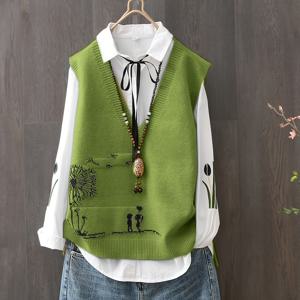 TEMU 여성용 녹색 자수 풍경 조끼 - 캐주얼 V넥, 슬리브리스 니트 카디건, 꽃과 나무 디자인, 가을/겨울 패션, 가을 겨울 의류 | 꽃 자수 | 니트 원단, 스웨터 조끼