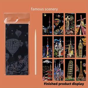 TEMU 12개 스크래치 아트 세트 - 클래식 세계 명소와 아름다운 거리 풍경이 특징인 수제 책갈피 템플릿 - 지루함을 해소하고 멋진 디자인을 만드는 블랙 스크래치 종이이며 책갈피 또는 고급스러운 선물로도 제작 가능합니다.