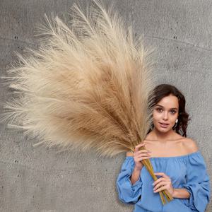 TEMU [3개 세트 - 37.8인치 높이 인조 팜파스 그래스] 장식용 대형 인조 폼파스 그래스 플러피 버러시 플로럴 인조 식물 바닥 화병 필러, 홈 웨딩 파티 보호 , 베이지 + 토프