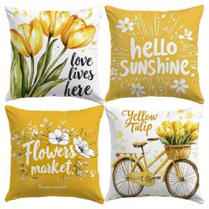 TEMU 4개 세트 18x18 인치 노란 튤립 & 자전거 꽃 봄 여름 베개 커버 - 현대적인 팜하우스 쿠션 커버, 소파 침대용, 지퍼 잠금 & 세탁기 사용 가능, 노란색 연베이지 장식 (베개 내장 불포함)