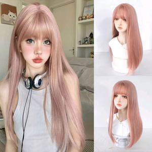 TEMU 26인치 긴 코랄 핑크 내열성 합성 헤어피스 - 자연스러운 섬유, 로즈 넷 캡, 150% 밀도, 일상 착용 및 스타일링에 완벽, 매일 머리 스타일링 | 슬릭한 가발 | 편안한 로즈 넷