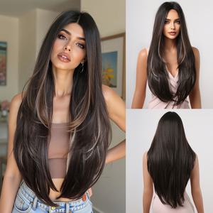 TEMU 여성용 26인치 갈색과 흰색 레이어드 롱 가발 | 고온 합성 머리와 로즈 넷 캡 | 일상 및 파티용 우아하고 자연스러운 룩 | 모든 행사에 적합한 다재다능한 스타일, 가발 액세서리