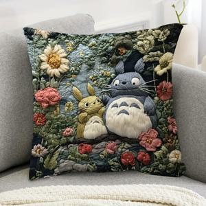 TEMU 1개 2D 평면 프린팅 1개, 단면 프린팅 초소프트 숏 플러시 쿠션 18x18 인치, 새틴 앙고라와 토토로 지퍼 개폐, 세탁기 사용 가능, 다양한 방 타입에 적합, 베개 코어 없음, 2D 플랫