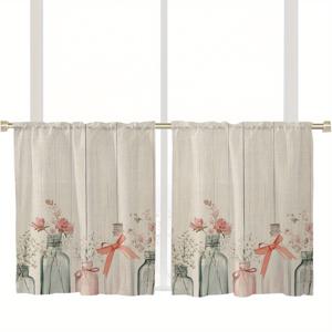 TEMU 봄을 위한 꽃병 패턴 디자인 요소가 있는 폴리에스터 소형 커튼 2개 세트, 주방 및 침실 창문에 적합한 짧은 커튼으로 따뜻하고 로맨틱한 분위기를 연출하는 홈 데코
