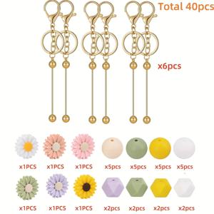 TEMU 40개 실리콘 비즈 키체인 만들기 세트, 긴 막대 키체인과 데이지 꽃 모양의 실리콘 비즈 6세트 포함, DIY 키체인 팔찌 제작에 매우 적합