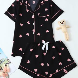 TEMU 여성 캐주얼 러브 하트 프린트 반팔 파자마 세트 - 핑크 하트가 있는 검은색 폴리에스터, 드로스트링이 있는 반바지, 모든 계절에 완벽한, 올시즌 파자마| 재미있는 디자인| 폴리에스터 원단