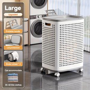 TEMU JOYBOS 23.8인치 롤링 빨래바구니 (뚜껑 & 손잡이 포함) - 60L 냄새 제거 통풍 스토리지 바스켓, 조용한 바퀴가 달린 PP 플라스틱 정리함, 회색/화이트, 세탁실 및 홈 오거나이저용, 천공 디자인, 내구성 있는 플라스틱, 빨래 보관 바구니