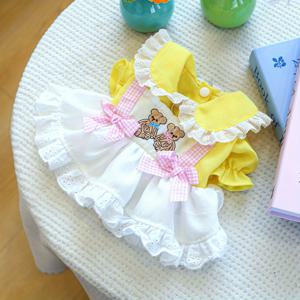 TEMU 귀여운 자수 베어 강아지 드레스 - 레이스 트림 & 리본 장식, 스냅 버튼 클로저 소형견용 테디 비숑 푸메라니안 의상, 화이트 & 옐로우 사진 촬영 및 특별한 날을 위한 애완동물 코스튬, 내구성 있는 펫웨어