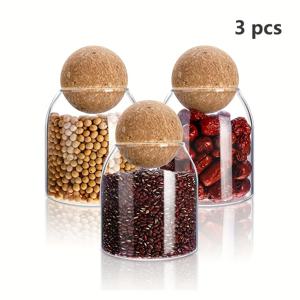 TEMU 코르크 뚜껑이 있는 3개입 500ml/17oz 고급 붕규산 유리 항아리 세트 - 전자레인지 사용 가능 밀폐 식품 보관용기, 커피콩, 견과류, 향신료, 사탕용 - 장식적인 주방 및 식료품 저장실 정리, 집들이 선물