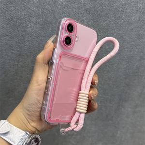 TEMU 캔디 컬러 젤리 투명 카드 슬롯 휴대폰 케이스 (짧은 끈 포함) - 아이폰 17 에어 16 15 14 13 12 11 프로 맥스 백커버