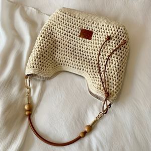 TEMU 여성용 크로셰 뜨개질 토트백 - 캐주얼 시크 변환형 숄더&크로스바디 백, 자석 잠금장치, 베이지 소재 & 브라운 액센트, 내구성 폴리에스터 안감, 비치웨어 및 일상 사용