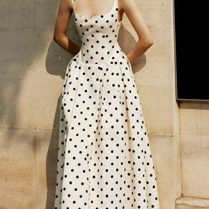 TEMU 스트랩이 달린 패셔너블하고 우아한 빈티지 롱 폴카 도트 프린트 A라인 드레스