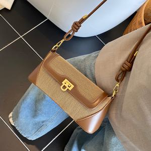 TEMU 2025 레트로 스틱 백 여성용 - 골드톤 클라스프 잠금 장식, 연갈색 & 블랙, 내구성 폴리에스터 안감 및 오일 엣지 트림, 다목적 일상 가방, 빈티지 디자인, 언더암 캐리올, 클래식 엘레강스, 오일엣지 마감