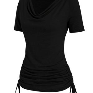 TEMU 여성용 캐주얼 드레이프드 넥 러치 티셔츠 - 올리브 그린 반팔 블라우스, 봄 여름 가을 시즌 패션, 비침 방지 소재, 신축성 좋은 재질, 편안한 핏, 스타일리시 탑, 기계 세탁 가능