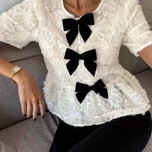 TEMU 우아한 스페셜 보우 청소년 패션 허리 슬림 라운드넥 반팔 여성 티셔츠