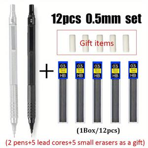 TEMU 고품질 신제품 기계식 금속 저중심 흑색 자동 연필 세트 12개입, 0.3/0.5/0.7/0.9mm 블랙 HB 그라파이트 교체용 심 포함, 사무용 필기구 (펜 2개 + 선물용 지우개 5개), 사무용 문구류